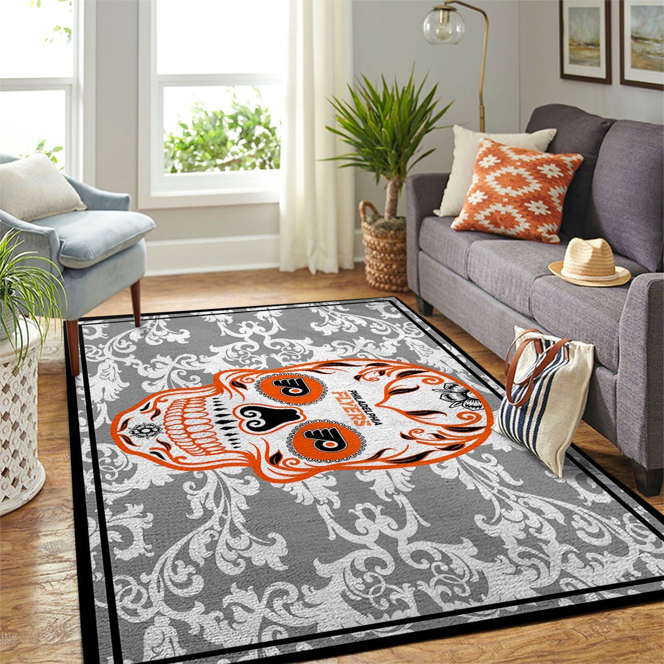 Philadelphia Flyers Nhl Team Logo Skull Flower Type 7830 Rug Living Room Area Carpet Home Decor
