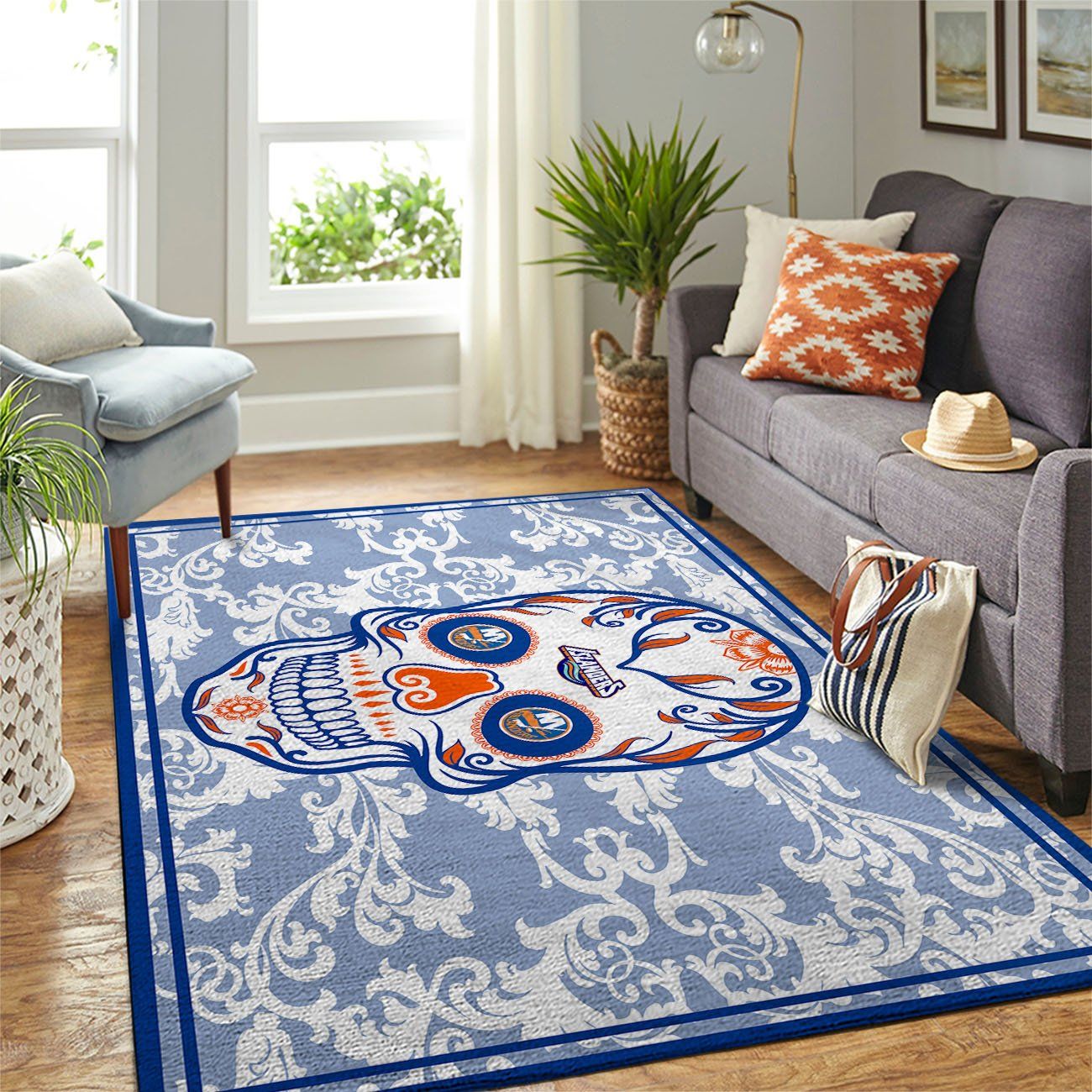 New York Islanders Nhl Team Logo Skull Flower Type 7852 Rug Home Decor Area Carpet Living Room