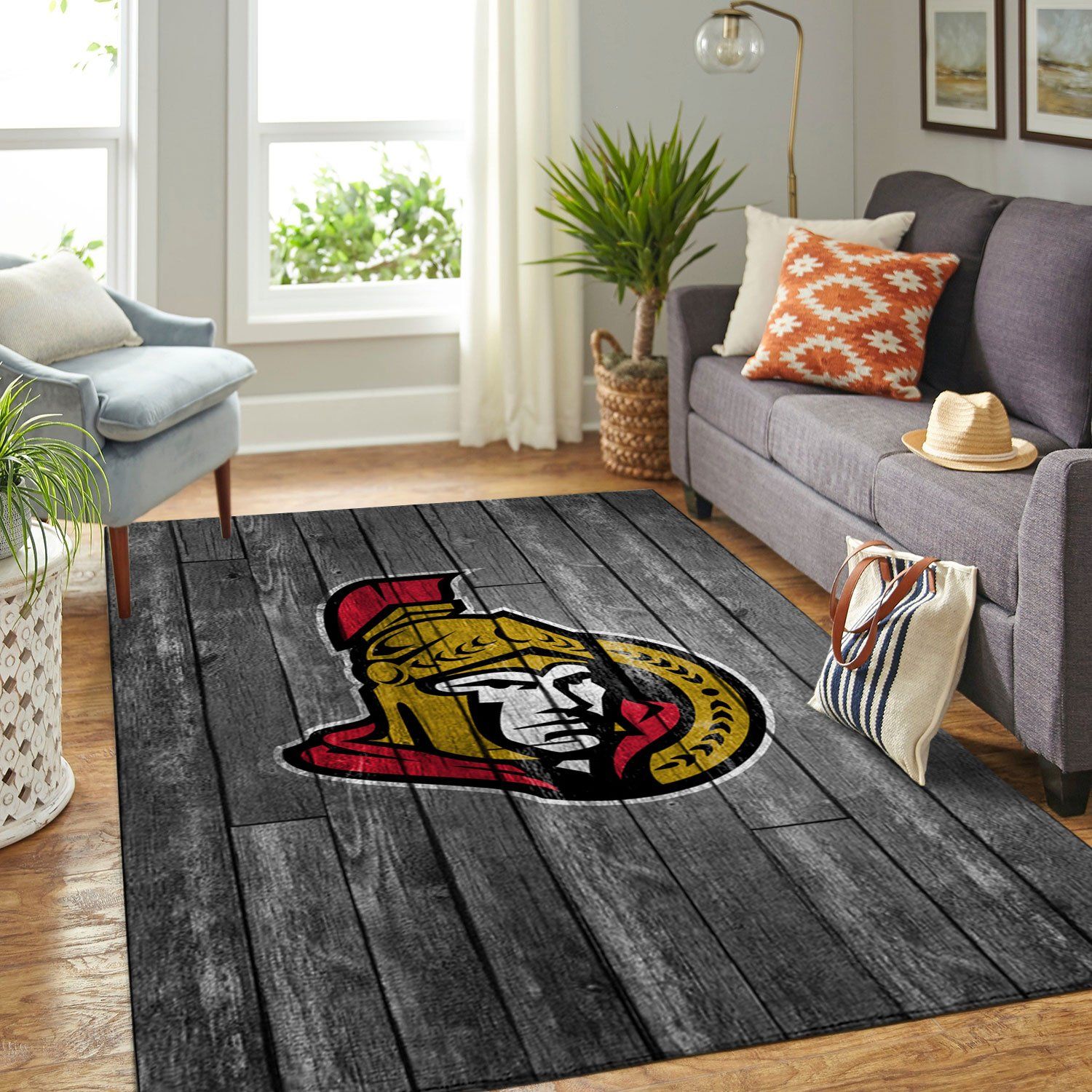 Ottawa Senators Nhl Team Logo Grey Wooden Type 7853 Rug Living Room Home Decor Area Carpet