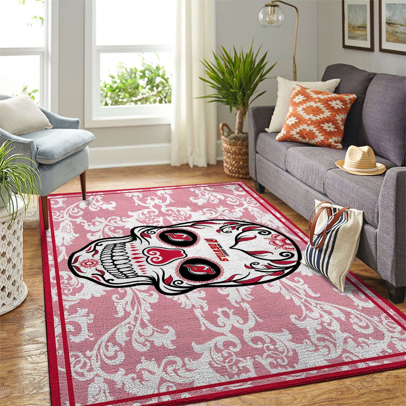 New Jersey Devils Nhl Team Logo Skull Flower Type 7869 Rug Area Carpet Home Decor Living Room