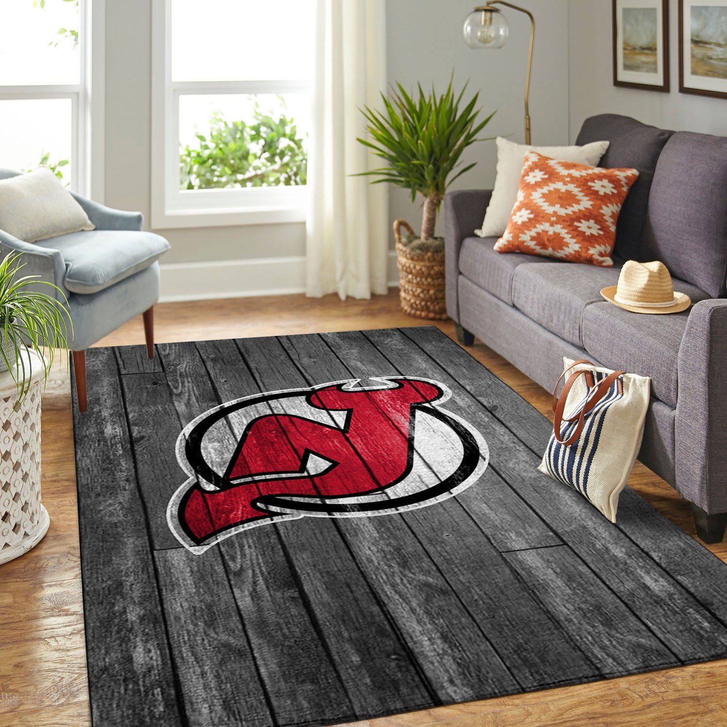 New Jersey Devils Nhl Team Logo Grey Wooden Type 7900 Rug Home Decor Area Carpet Living Room