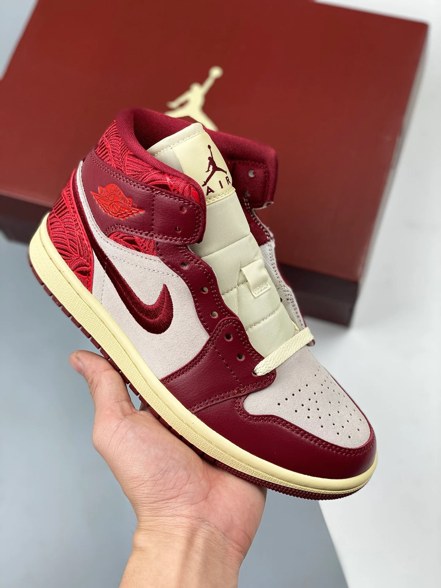 Air Jordan 1 Mid Tiki Leaf Team Red Sail Muslin DZ2820-601 For Sale